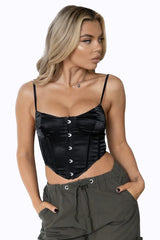 Solid Stretch Satin Corset with Silver Busk Closure