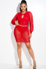 Long Sleeve Top with Key Hole and Ruched Skirt Set